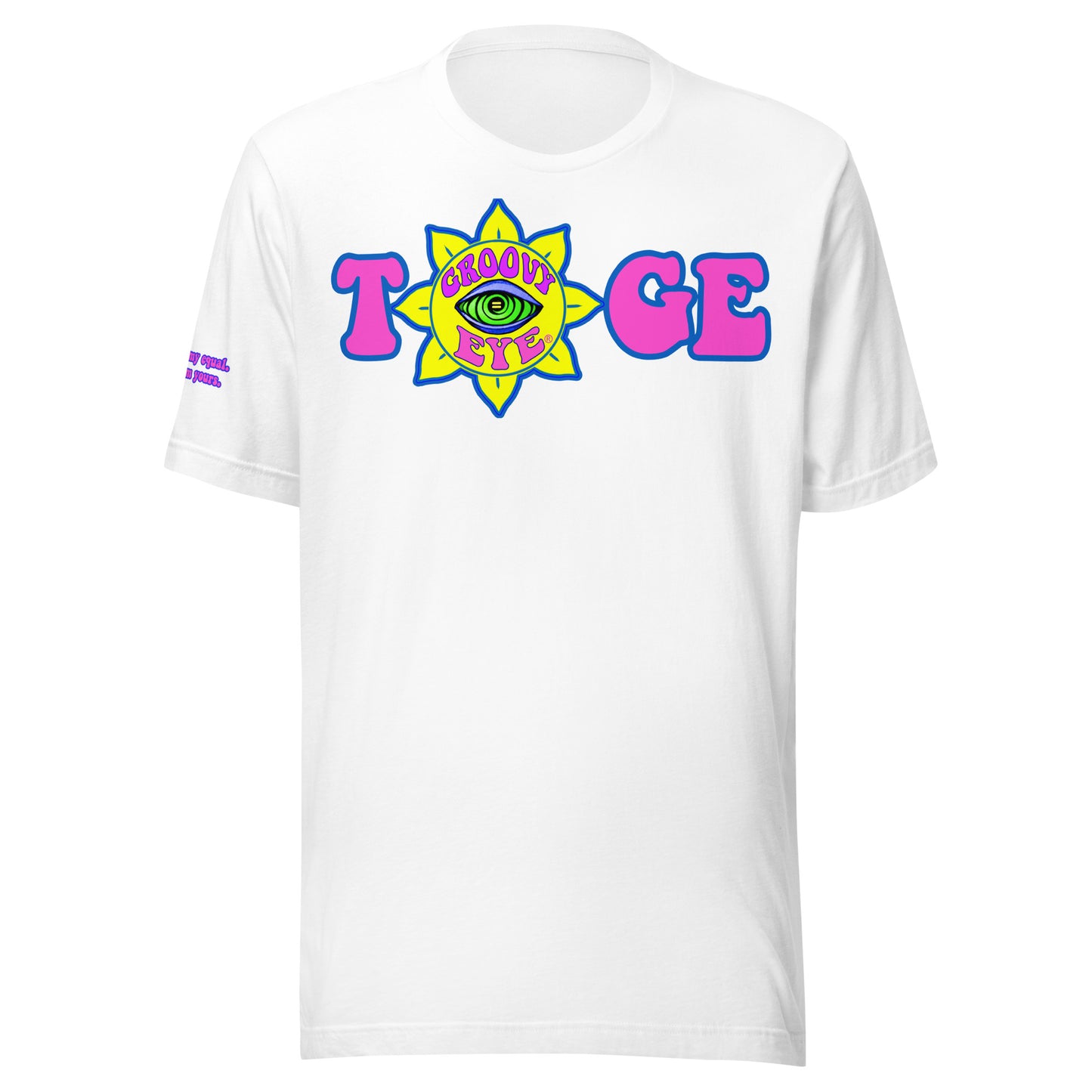 Big TOGE unisex t-shirt — White, modeled by man and woman couple