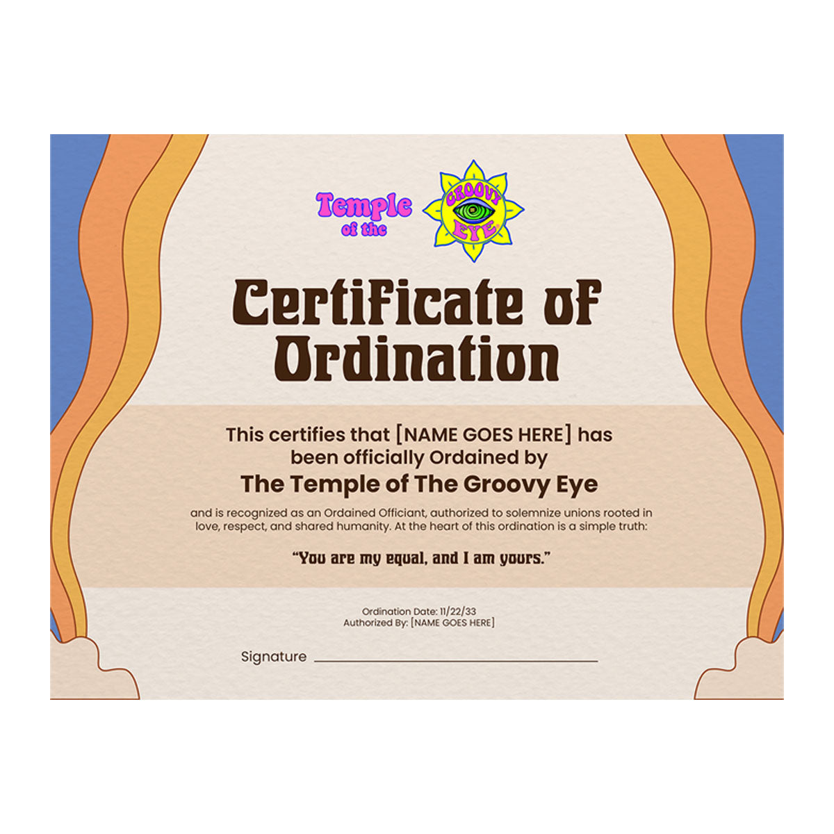 Certificate of Ordination with retro design and 'Temple of the Groovy Eye' logo.