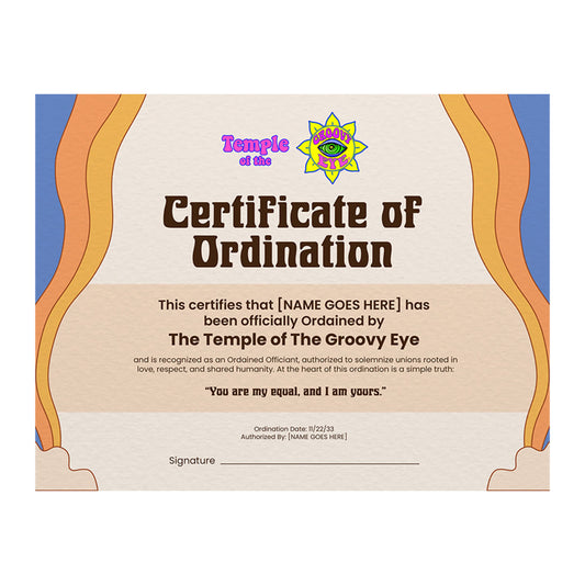 Certificate of Ordination with retro design and 'Temple of the Groovy Eye' logo.