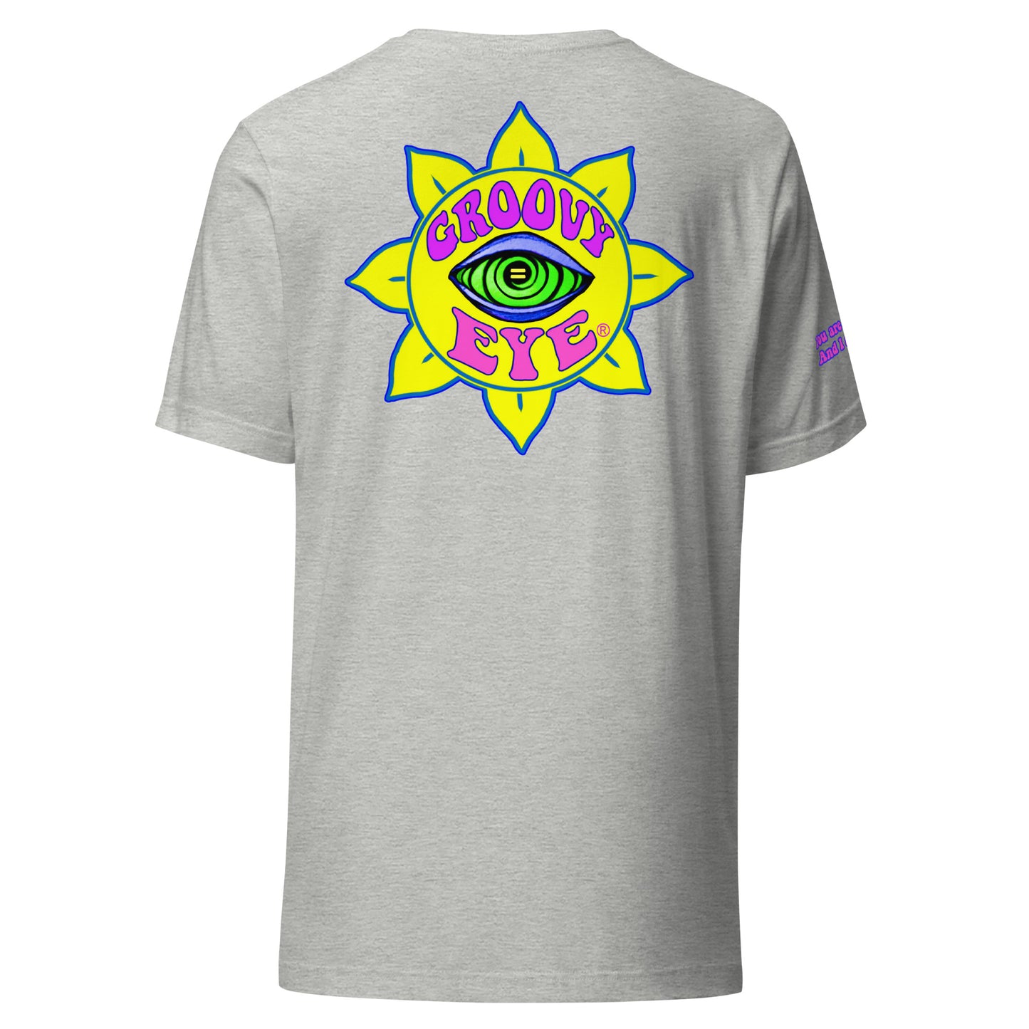 Temple of the Groovy Eye unisex t-shirt — Athletic Heather, back view with groovy art