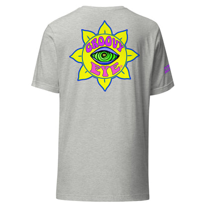 Temple of the Groovy Eye unisex t-shirt — Athletic Heather, back view with groovy art