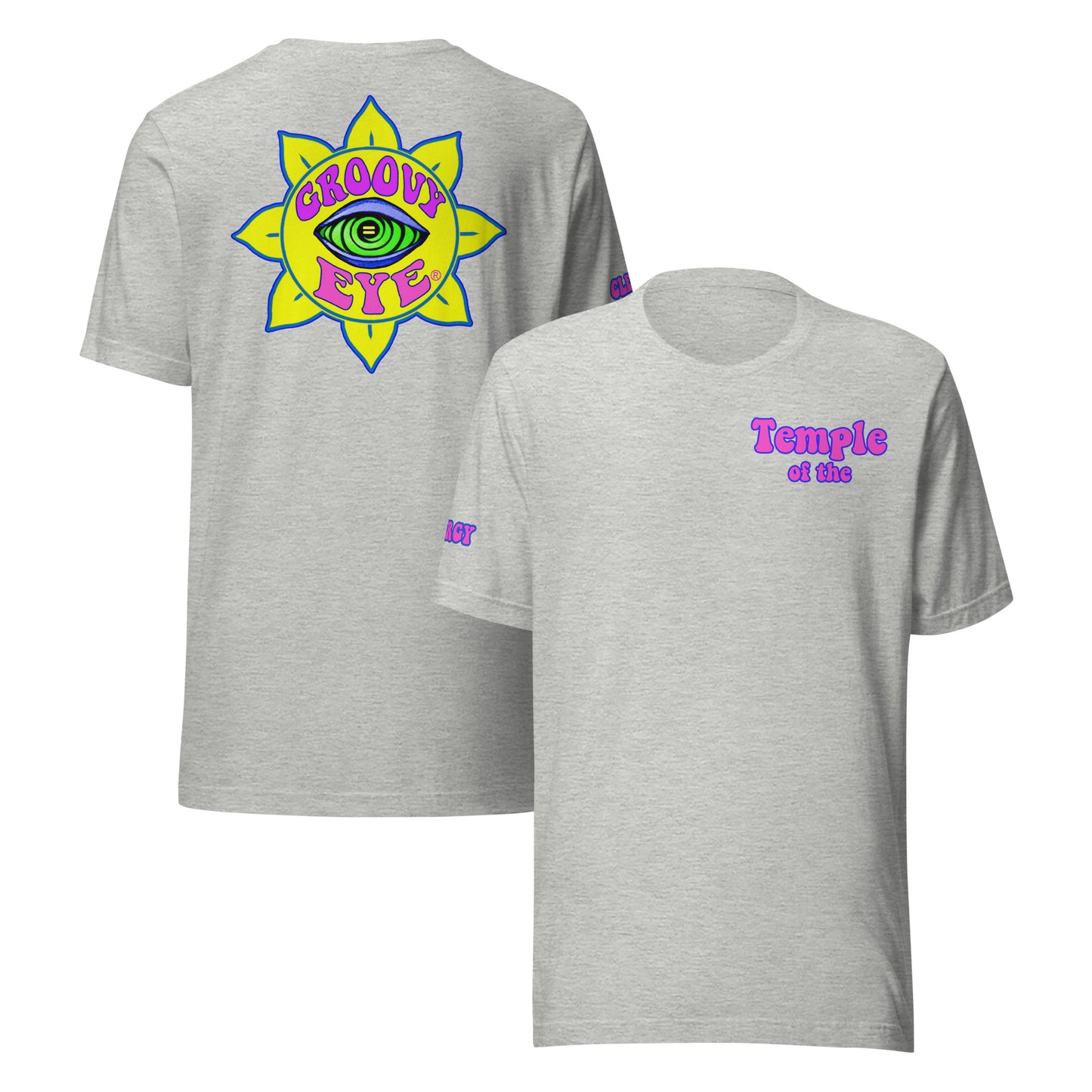 Temple of the Groovy Eye unisex t-shirt — Athletic Heather, front and back view