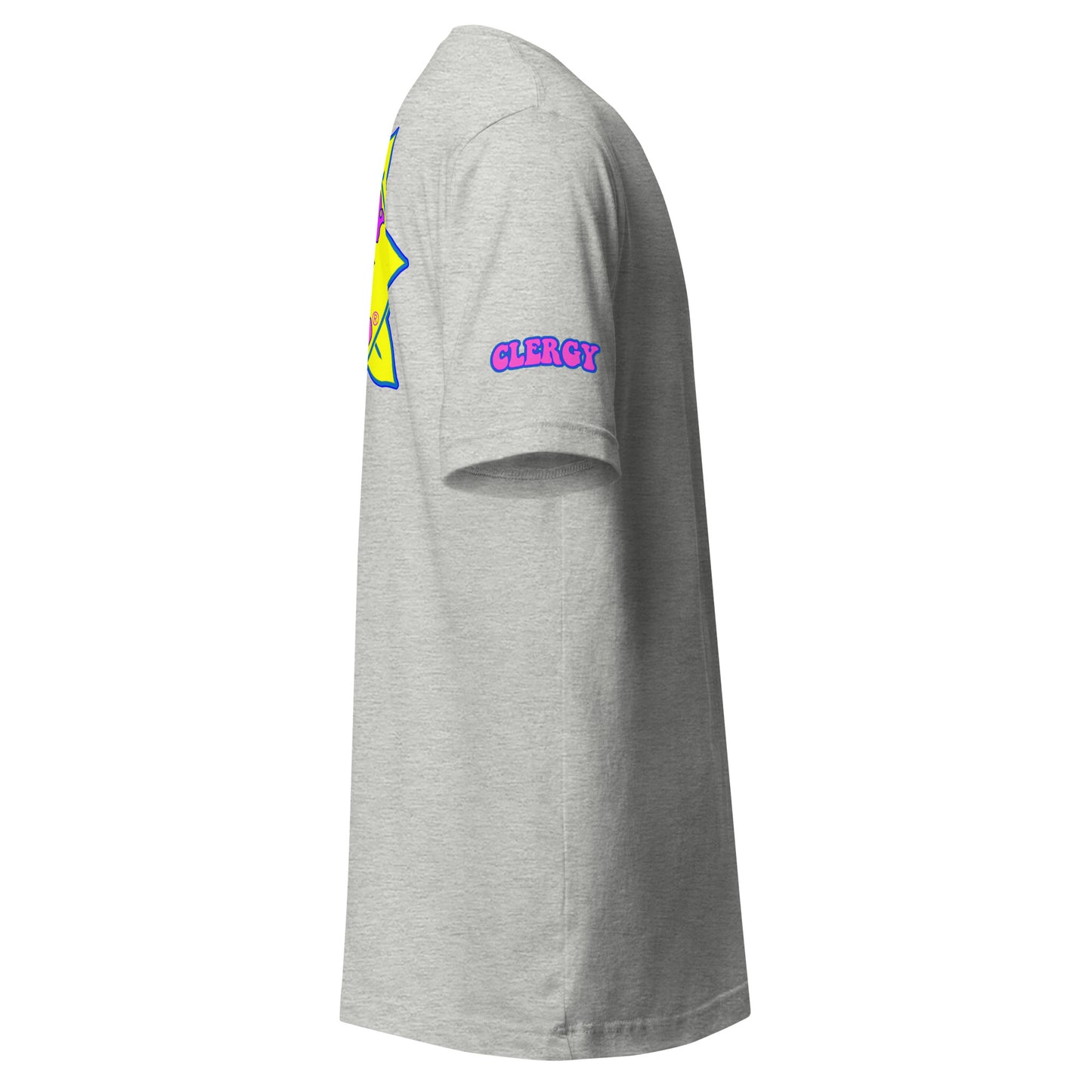 Temple of the Groovy Eye unisex t-shirt — Athletic Heather, right side with clergy sleeve detail