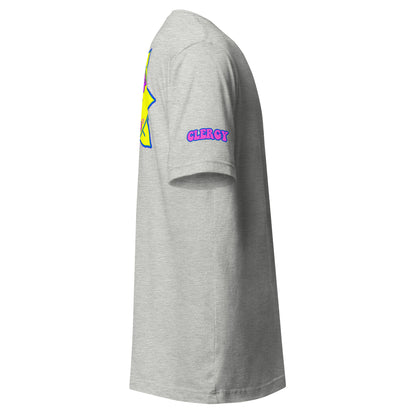 Temple of the Groovy Eye unisex t-shirt — Athletic Heather, right side with clergy sleeve detail