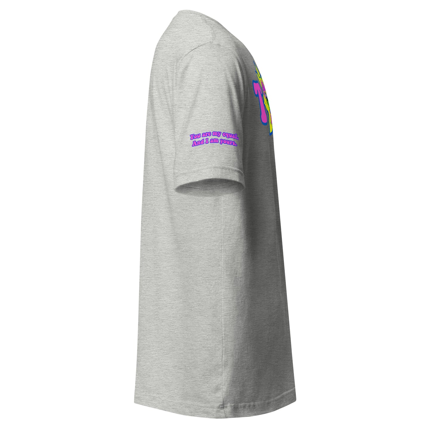 Big TOGE unisex t-shirt — Athletic Heather, right side with Declaration of Truth sleeve detail