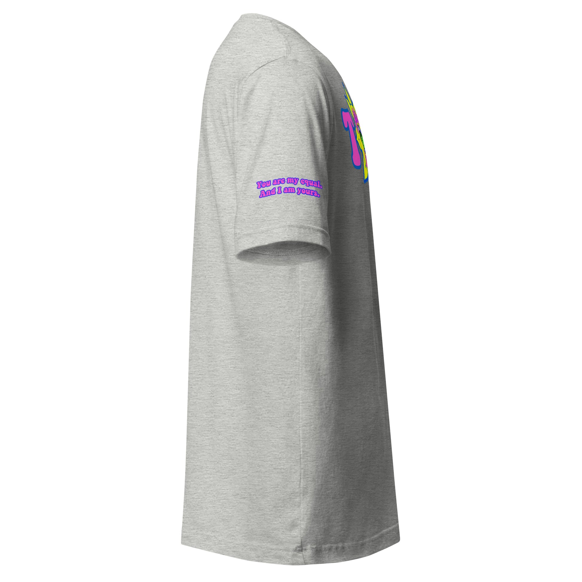 Big TOGE unisex t-shirt — Athletic Heather, right side with Declaration of Truth sleeve detail
