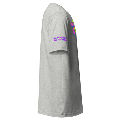 Big TOGE unisex t-shirt — Athletic Heather, right side with Declaration of Truth sleeve detail