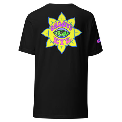 Temple of the Groovy Eye unisex t-shirt — Black, back view with groovy art