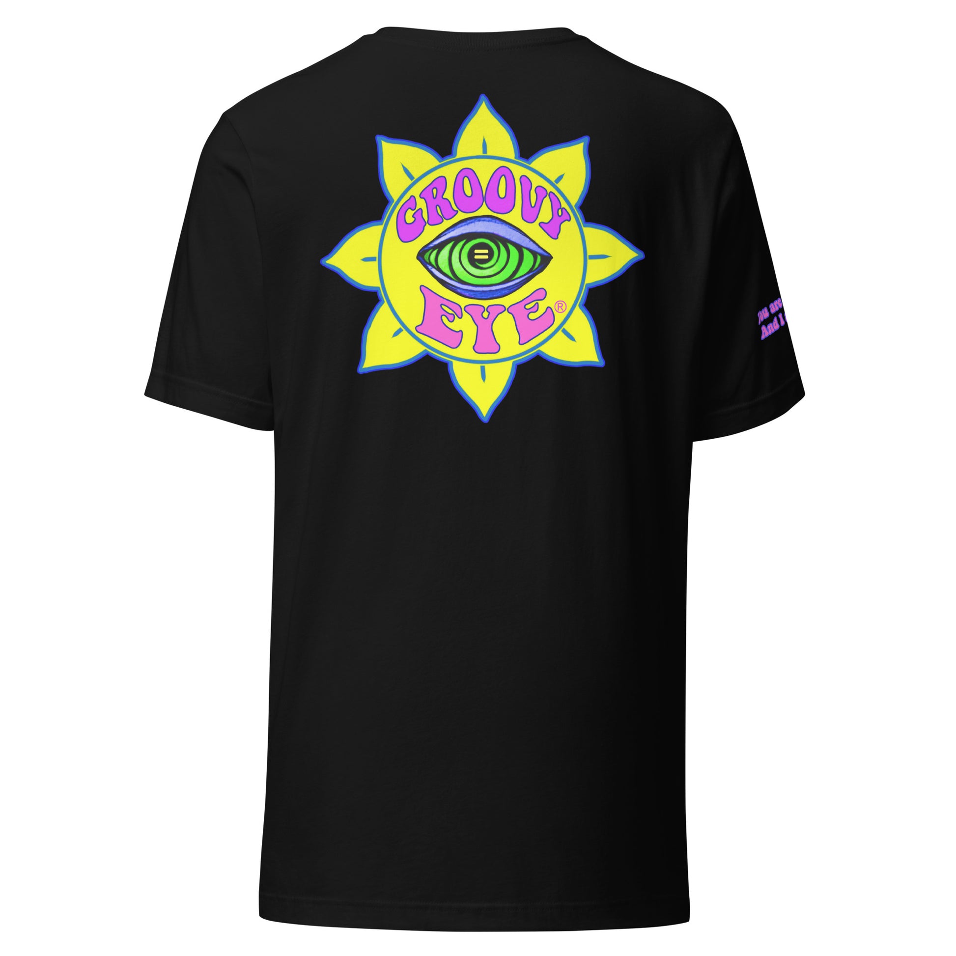 Temple of the Groovy Eye unisex t-shirt — Black, back view with groovy art