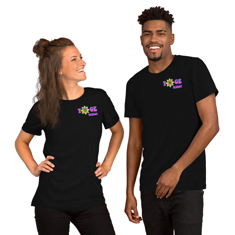 TOGE Clergy unisex t-shirt — Black, modeled by man and woman couple