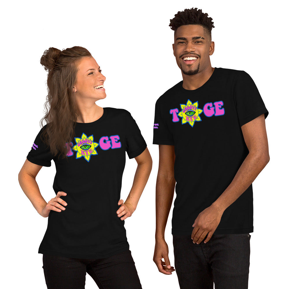 Big TOGE unisex t-shirt — Black, modeled by man and woman couple