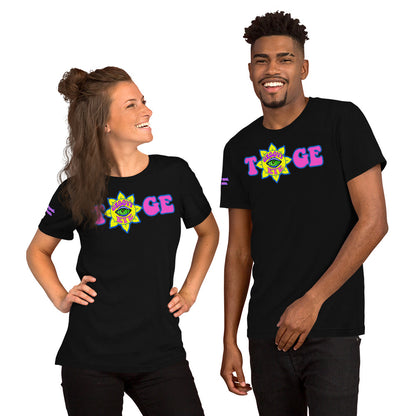 Big TOGE unisex t-shirt — Black, modeled by man and woman couple