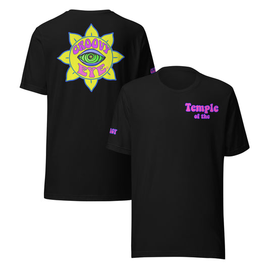 Temple of the Groovy Eye unisex t-shirt — Black, front and back view