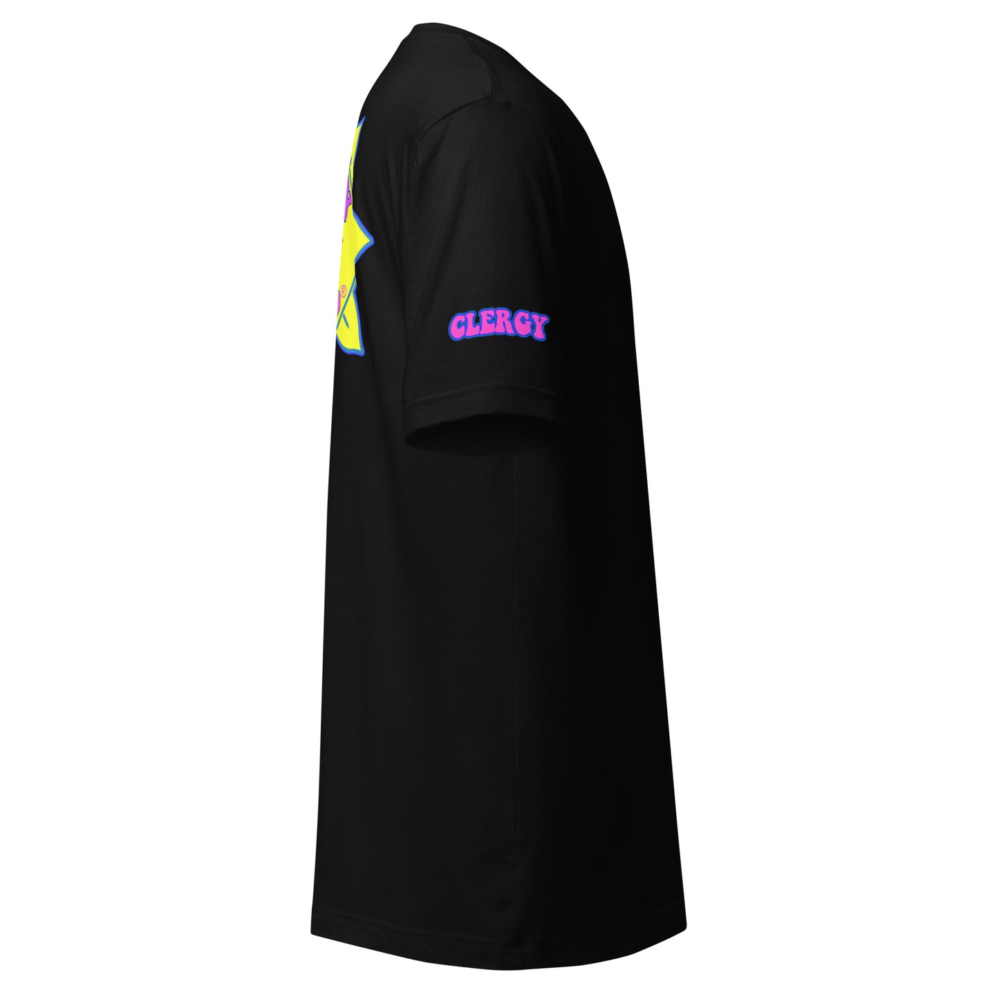 Temple of the Groovy Eye unisex t-shirt — Black, right side with clergy sleeve detail