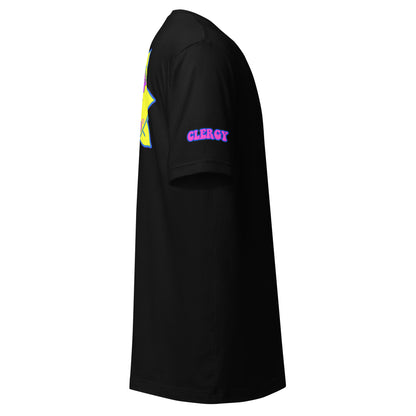 Temple of the Groovy Eye unisex t-shirt — Black, right side with clergy sleeve detail