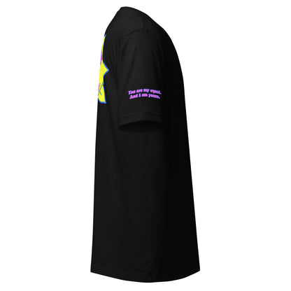 Temple of the Groovy Eye unisex t-shirt — Black, right side with Declaration of Truth sleeve detail