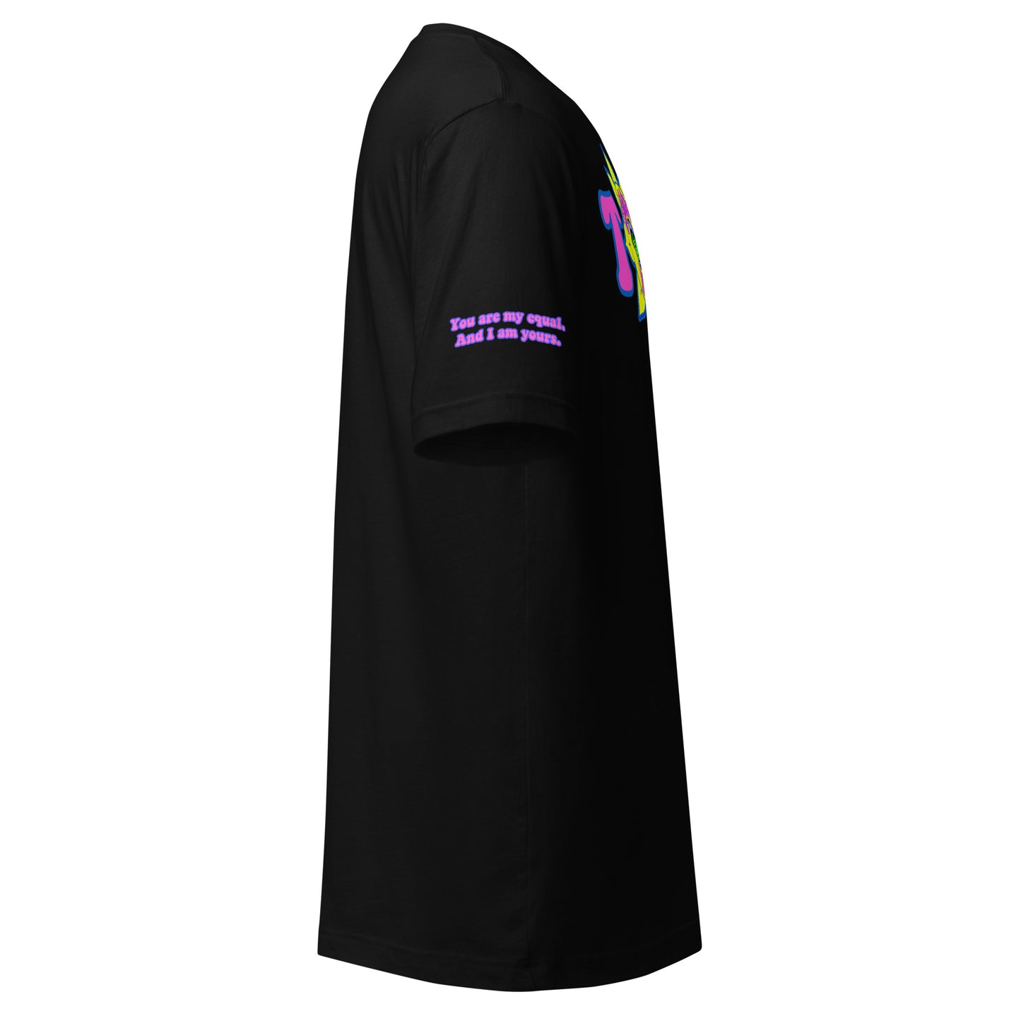 Big TOGE unisex t-shirt — Black, right side with Declaration of Truth sleeve detail