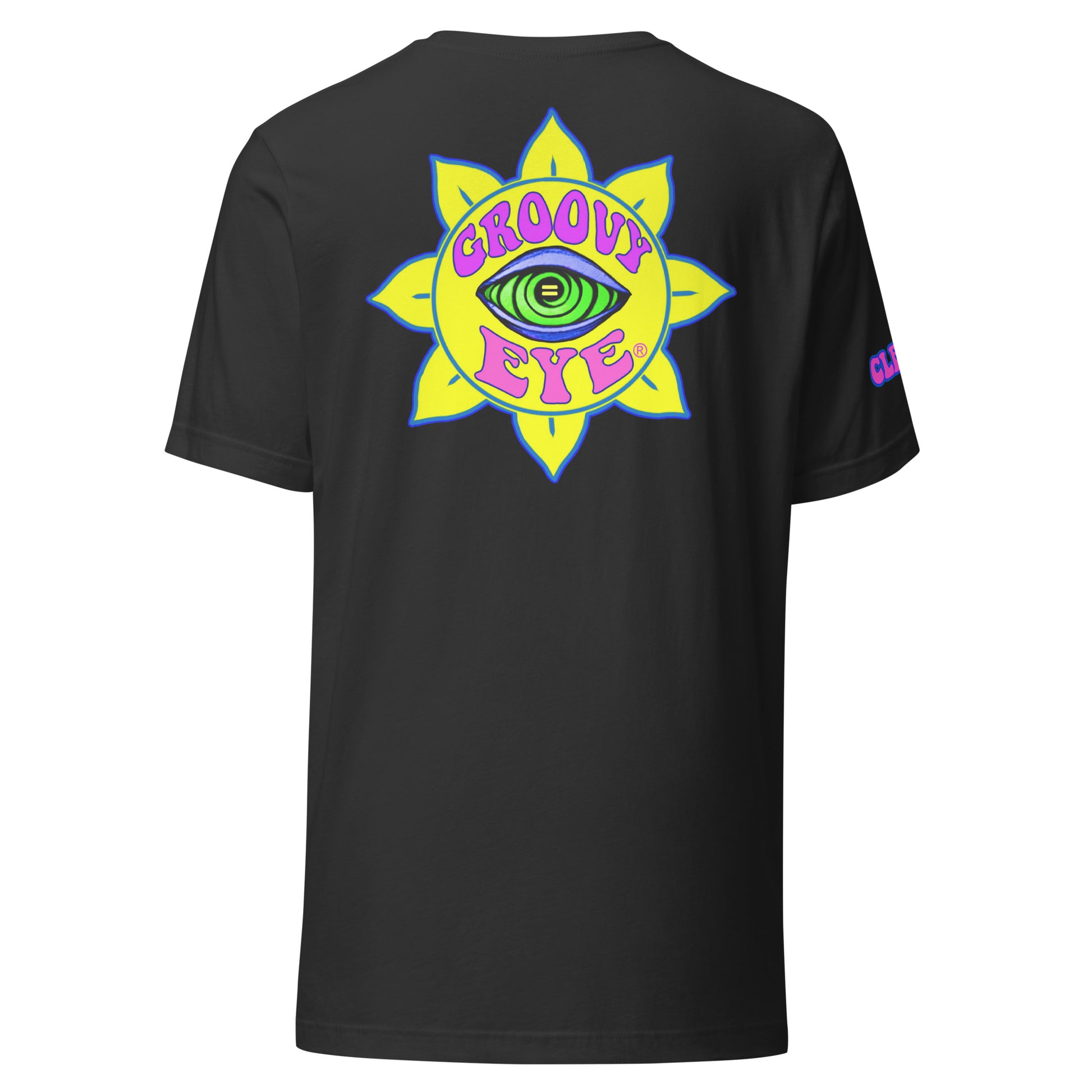 Temple of the Groovy Eye unisex t-shirt — Dark Grey, back view with groovy art