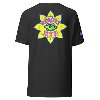 Temple of the Groovy Eye unisex t-shirt — Dark Grey, back view with groovy art