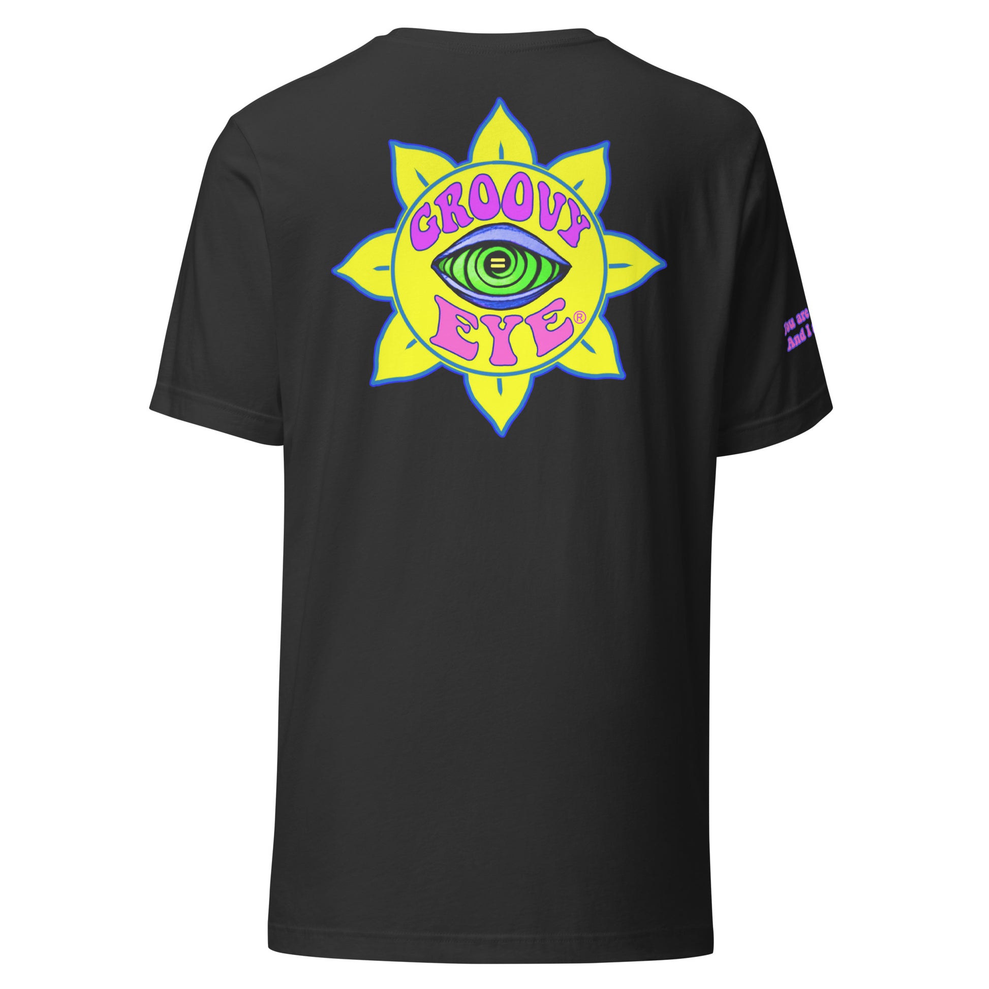 Temple of the Groovy Eye unisex t-shirt — Dark Grey, back view with groovy art