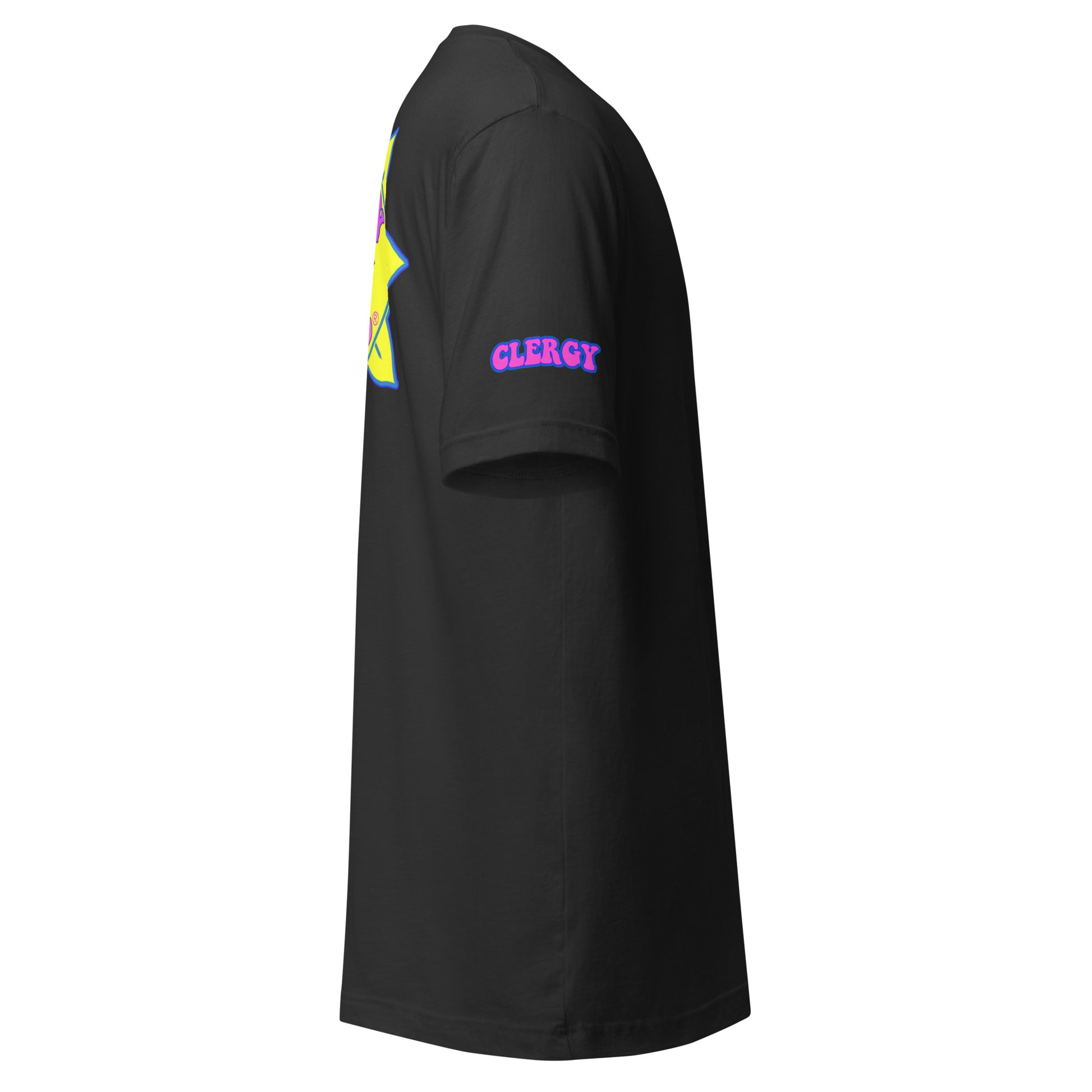 Temple of the Groovy Eye unisex t-shirt — Dark Grey, right side with clergy sleeve detail