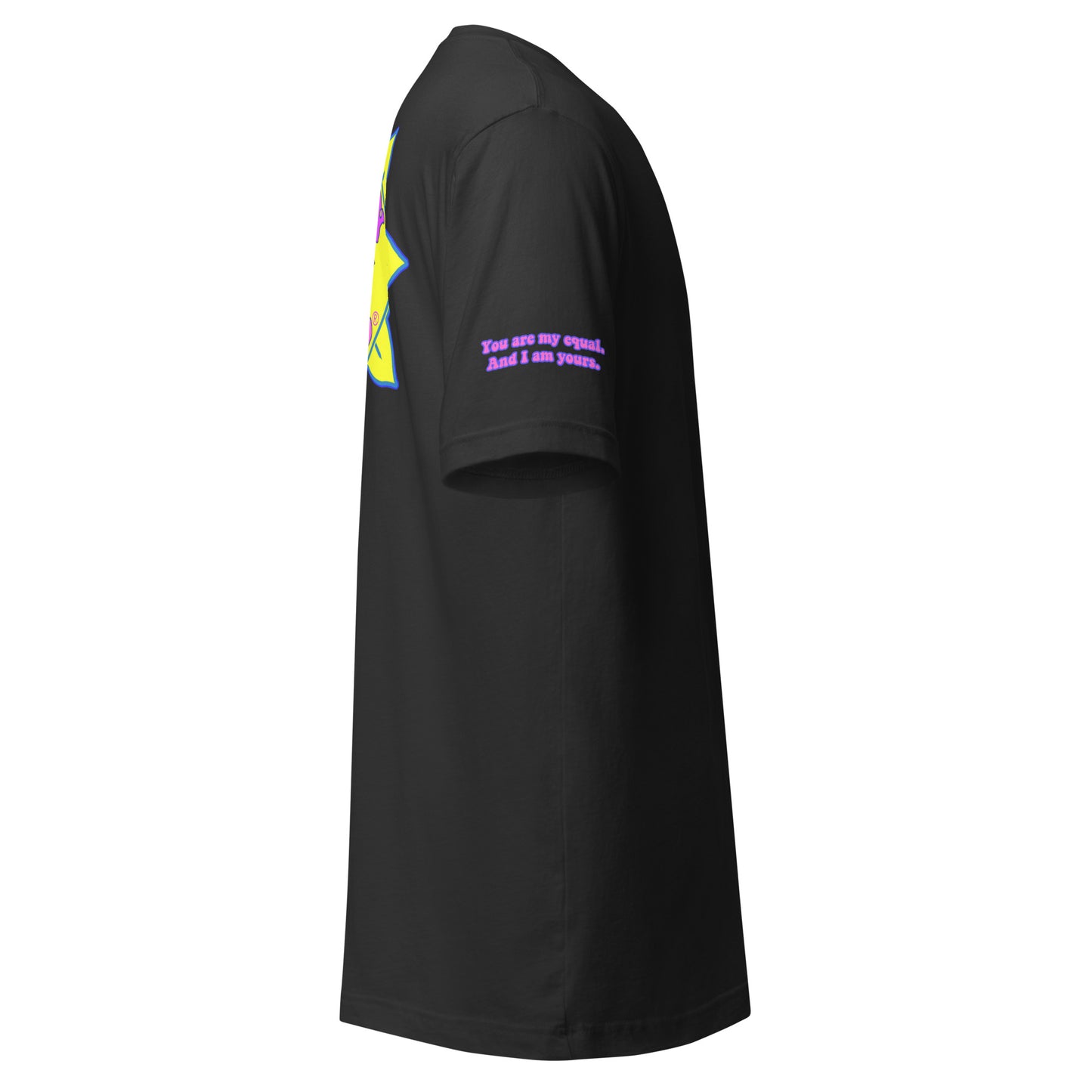 Temple of the Groovy Eye unisex t-shirt — Dark Grey, right side with Declaration of Truth sleeve detail