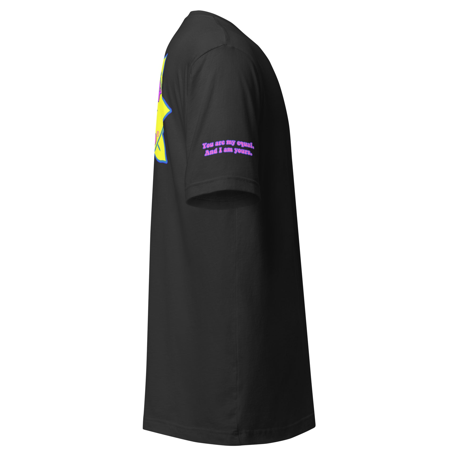 Temple of the Groovy Eye unisex t-shirt — Dark Grey, right side with Declaration of Truth sleeve detail