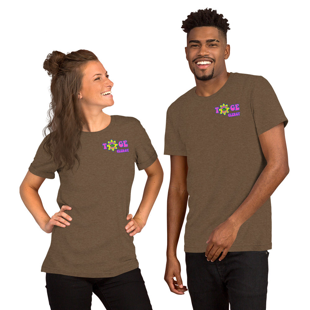 TOGE Clergy unisex t-shirt — Heather Brown, modeled by man and woman couple
