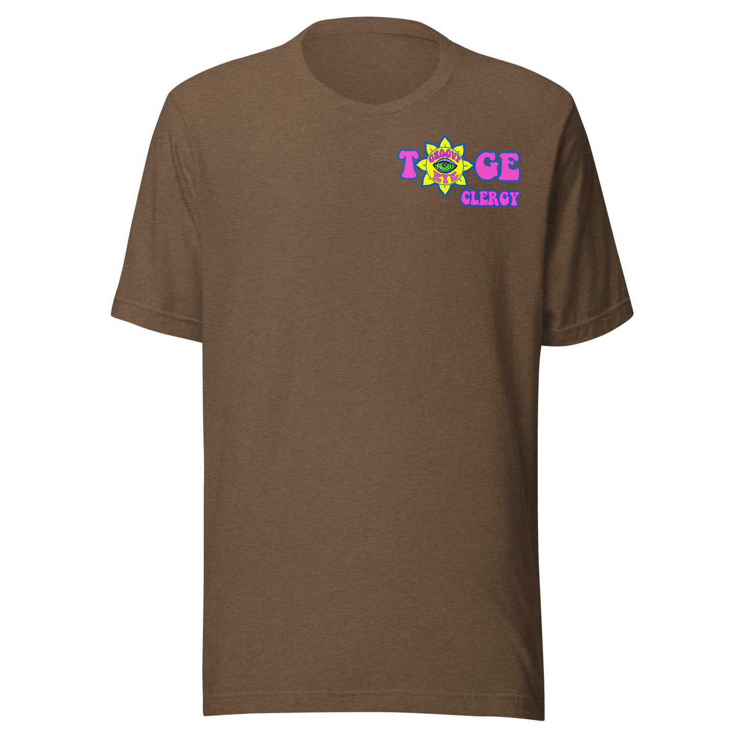 TOGE Clergy unisex t-shirt — Heather Brown, ghost mannequin front view