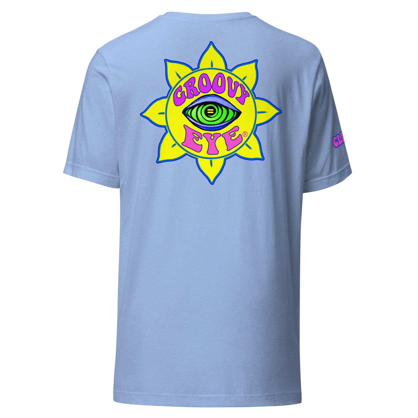 Temple of the Groovy Eye unisex t-shirt — Heather Carolina Blue, back view with groovy art
