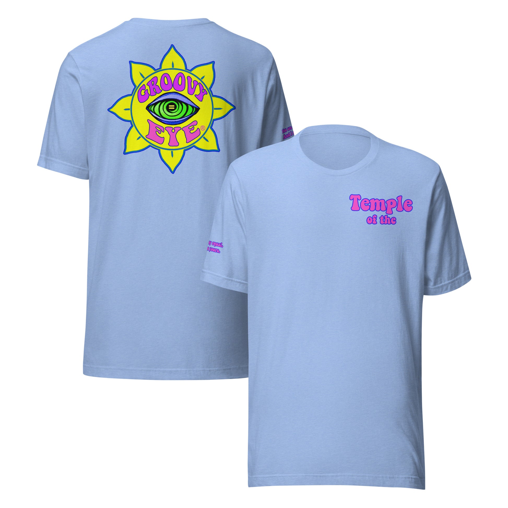 Temple of the Groovy Eye unisex t-shirt — Heather Carolina Blue, front and back view