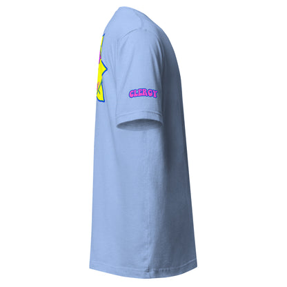 Temple of the Groovy Eye unisex t-shirt — Heather Carolina Blue, right side with clergy sleeve detail
