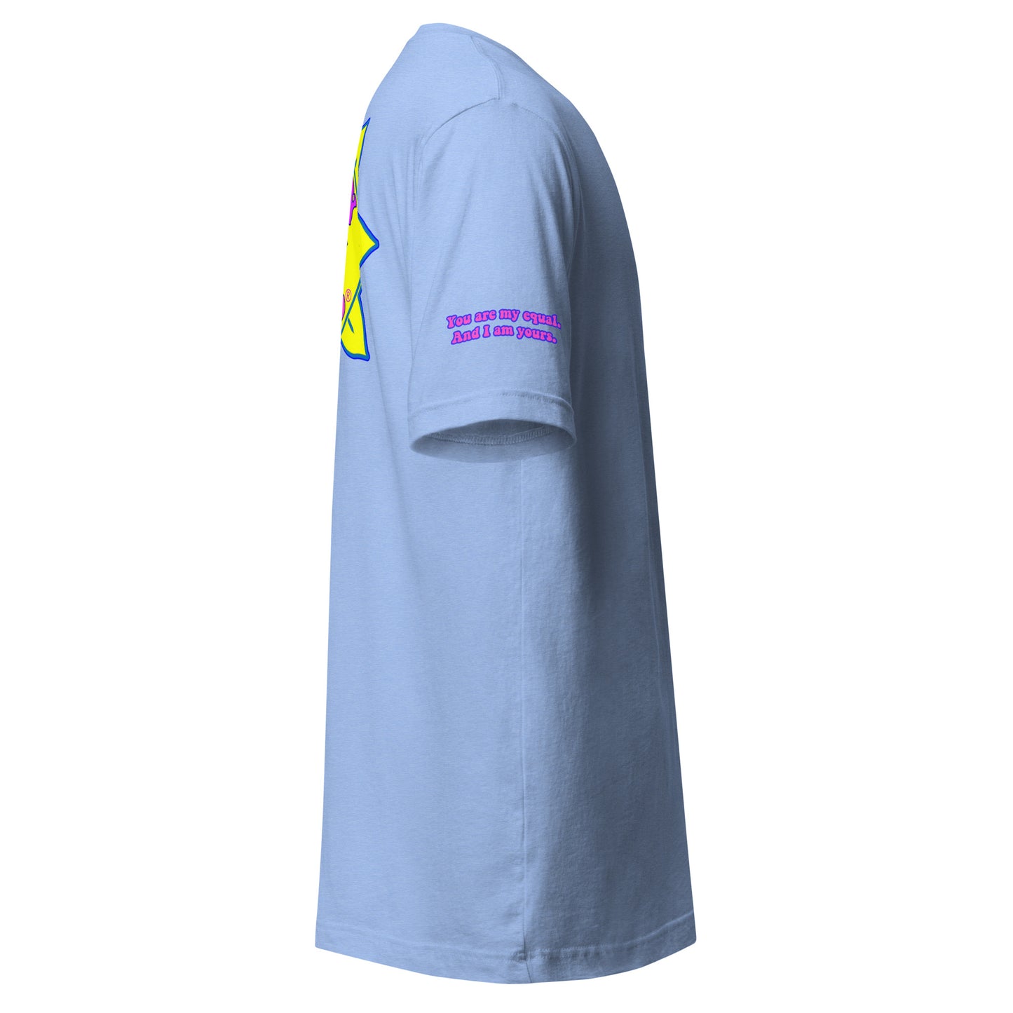 Temple of the Groovy Eye unisex t-shirt — Heather Carolina Blue, right side with Declaration of Truth sleeve detail