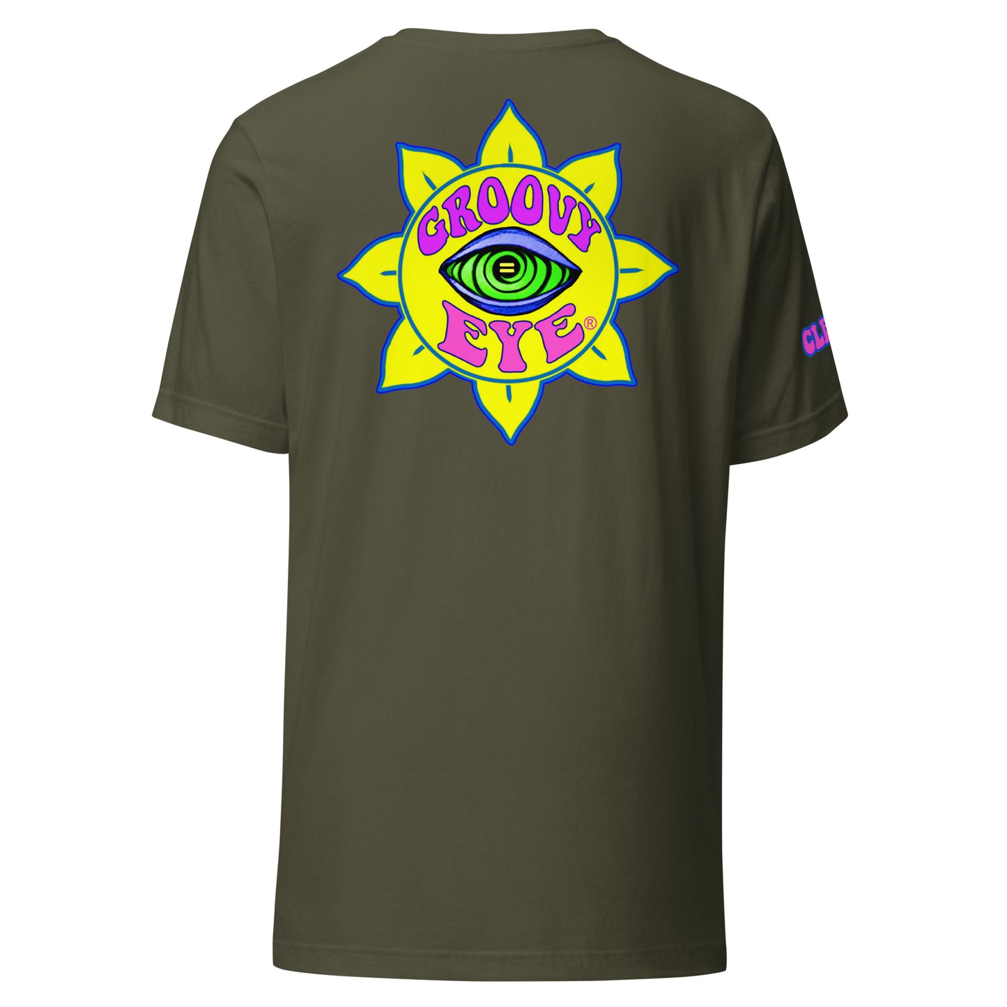 Temple of the Groovy Eye unisex t-shirt — Military Green, back view with groovy art