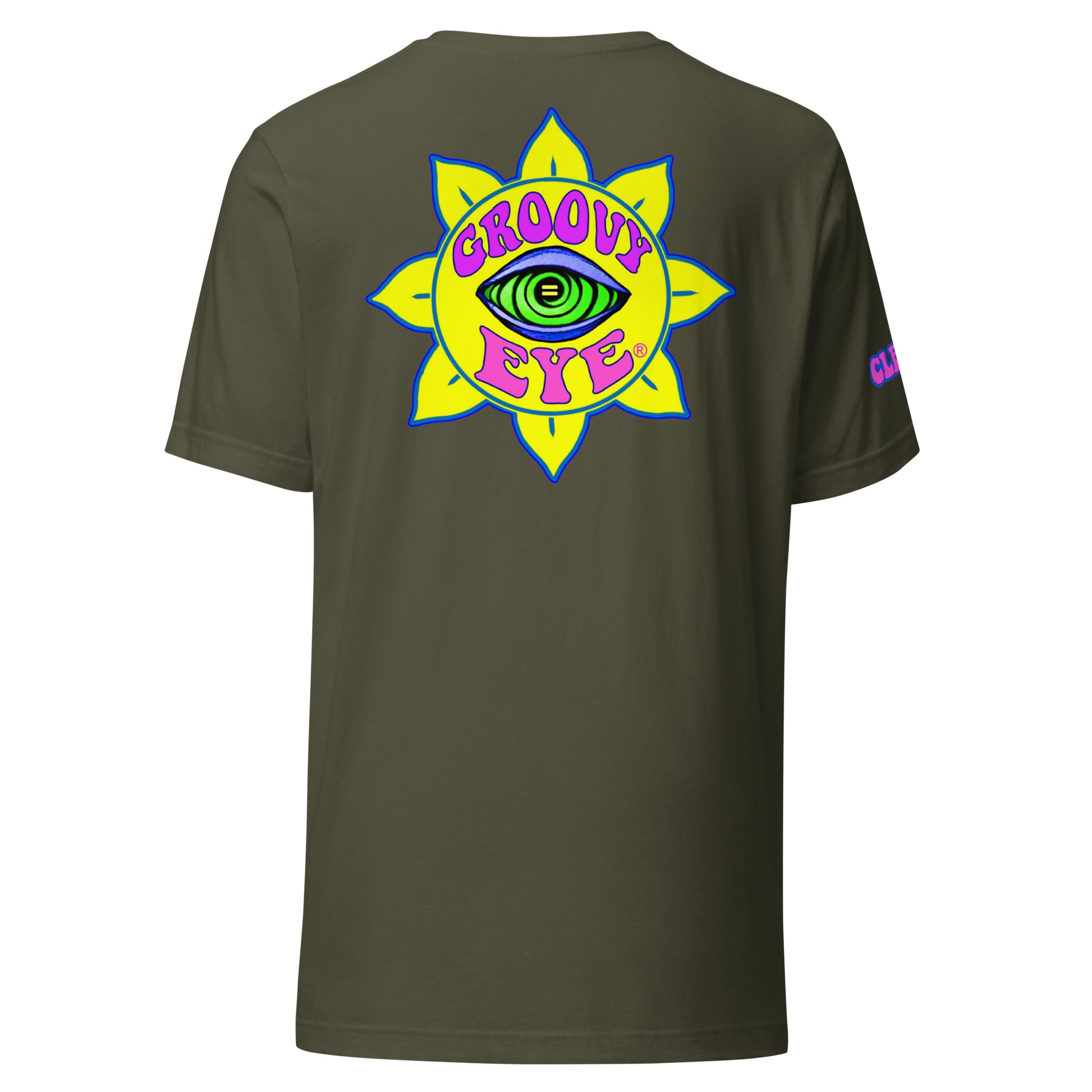 Temple of the Groovy Eye unisex t-shirt — Military Green, back view with groovy art