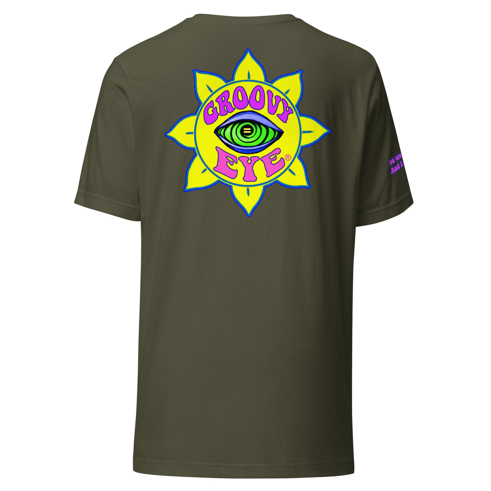 Temple of the Groovy Eye unisex t-shirt — Military Green, back view with groovy art