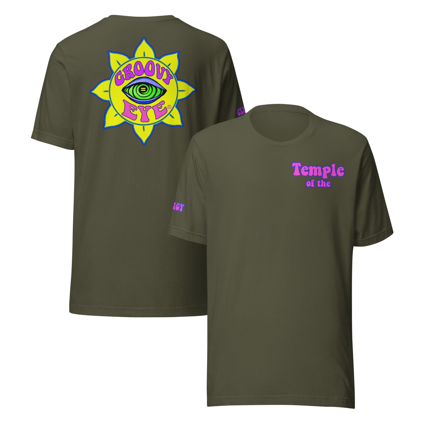 Temple of the Groovy Eye unisex t-shirt — Military Green, front and back view
