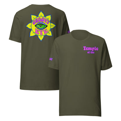 Temple of the Groovy Eye unisex t-shirt — Military Green, front and back view