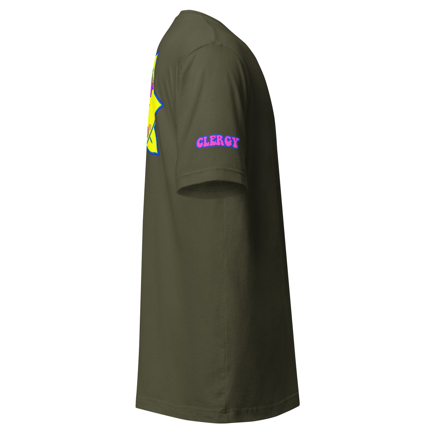 Temple of the Groovy Eye unisex t-shirt — Military Green, right side with clergy sleeve detail