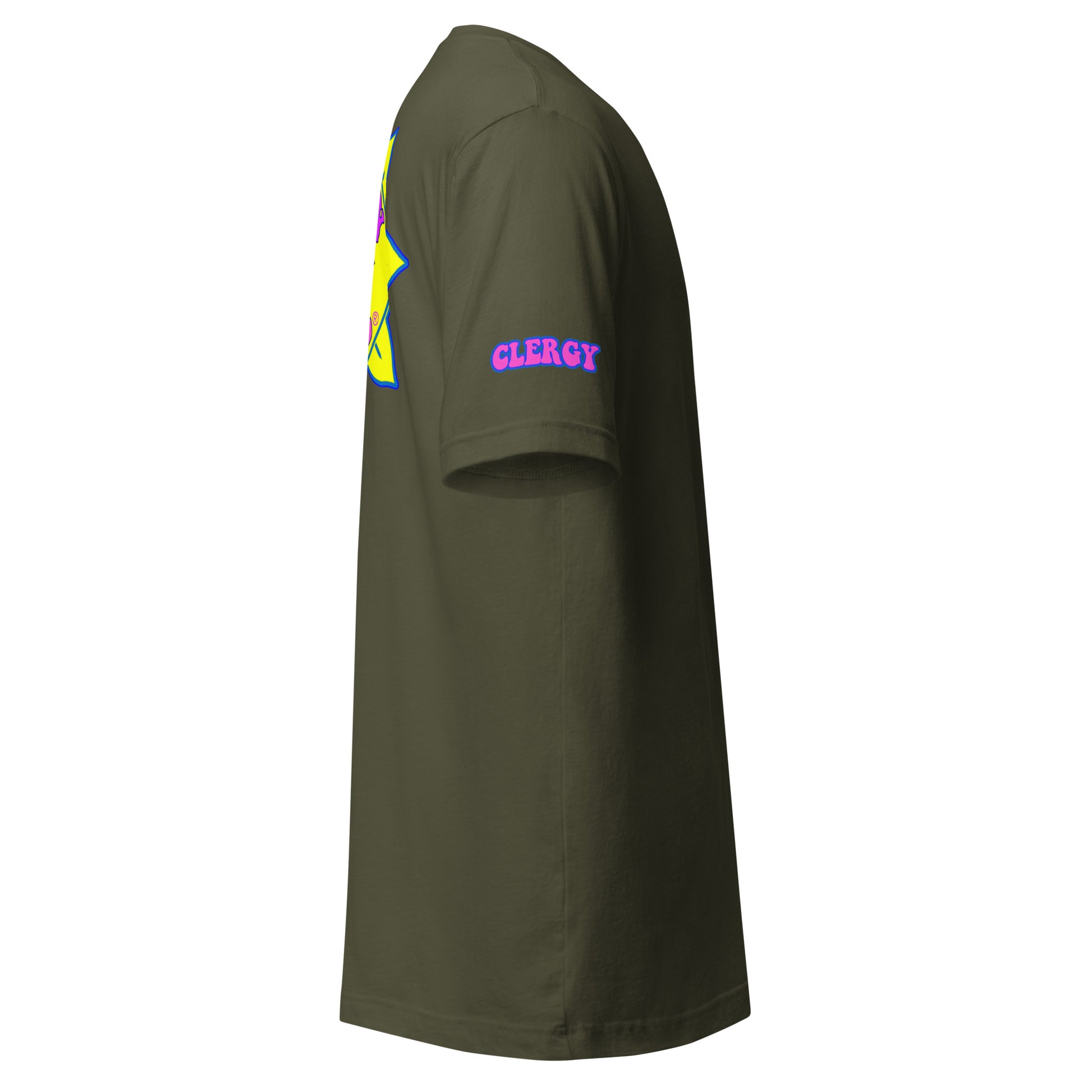 Temple of the Groovy Eye unisex t-shirt — Military Green, right side with clergy sleeve detail