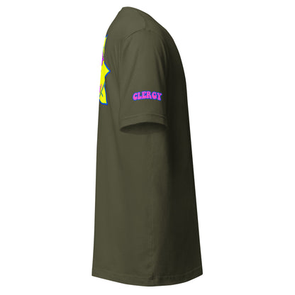 Temple of the Groovy Eye unisex t-shirt — Military Green, right side with clergy sleeve detail