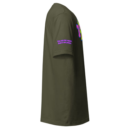 Big TOGE unisex t-shirt — Military Green, right side with Declaration of Truth sleeve detail