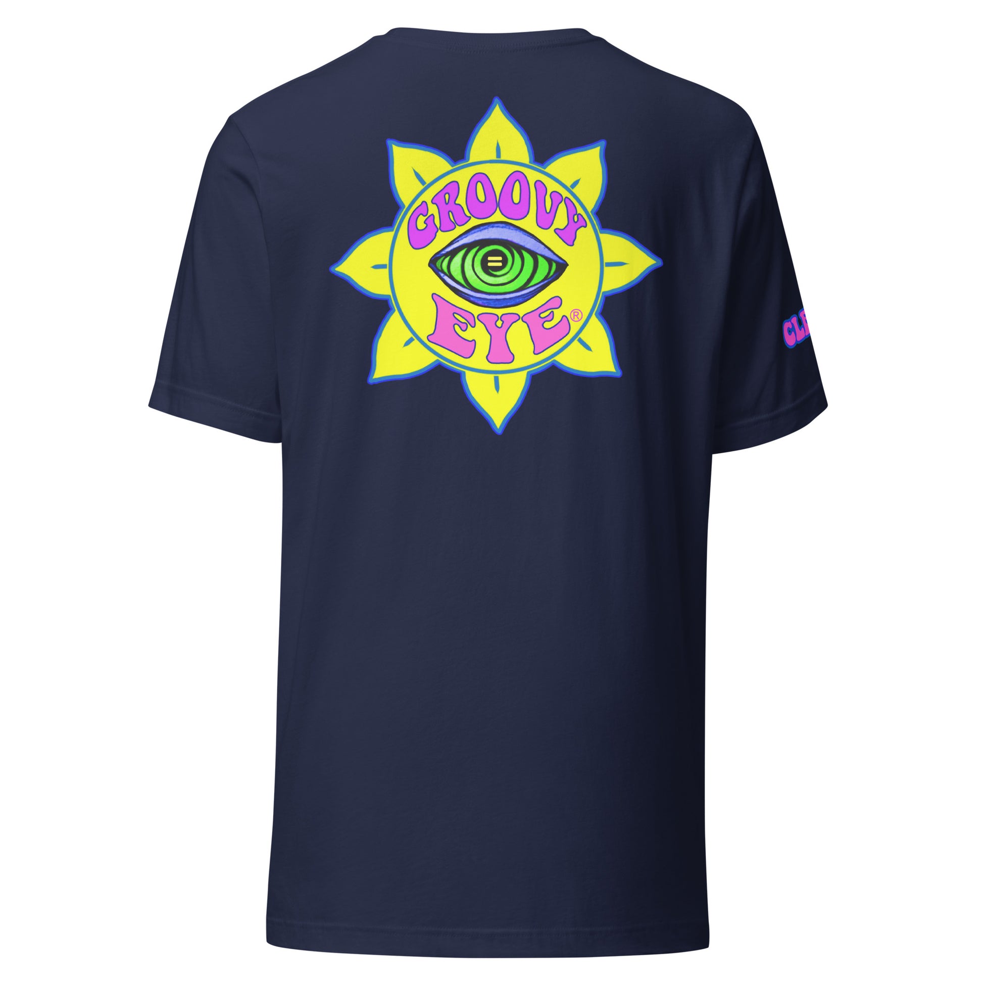 Temple of the Groovy Eye unisex t-shirt — Navy, back view with groovy art