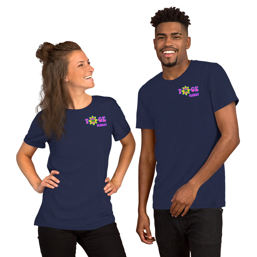 TOGE Clergy unisex t-shirt — Navy, modeled by man and woman couple