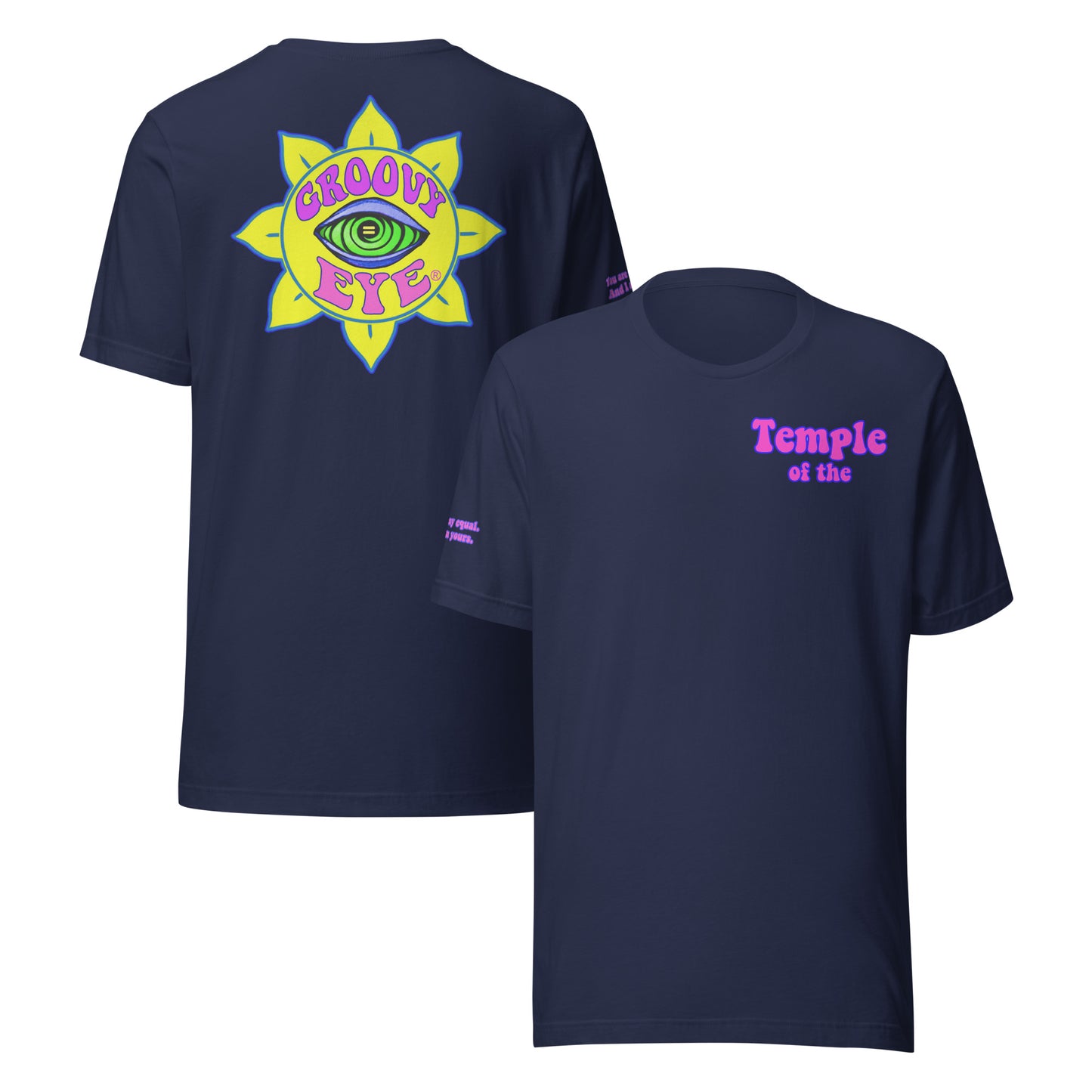 Temple of the Groovy Eye unisex t-shirt — Navy, front and back view