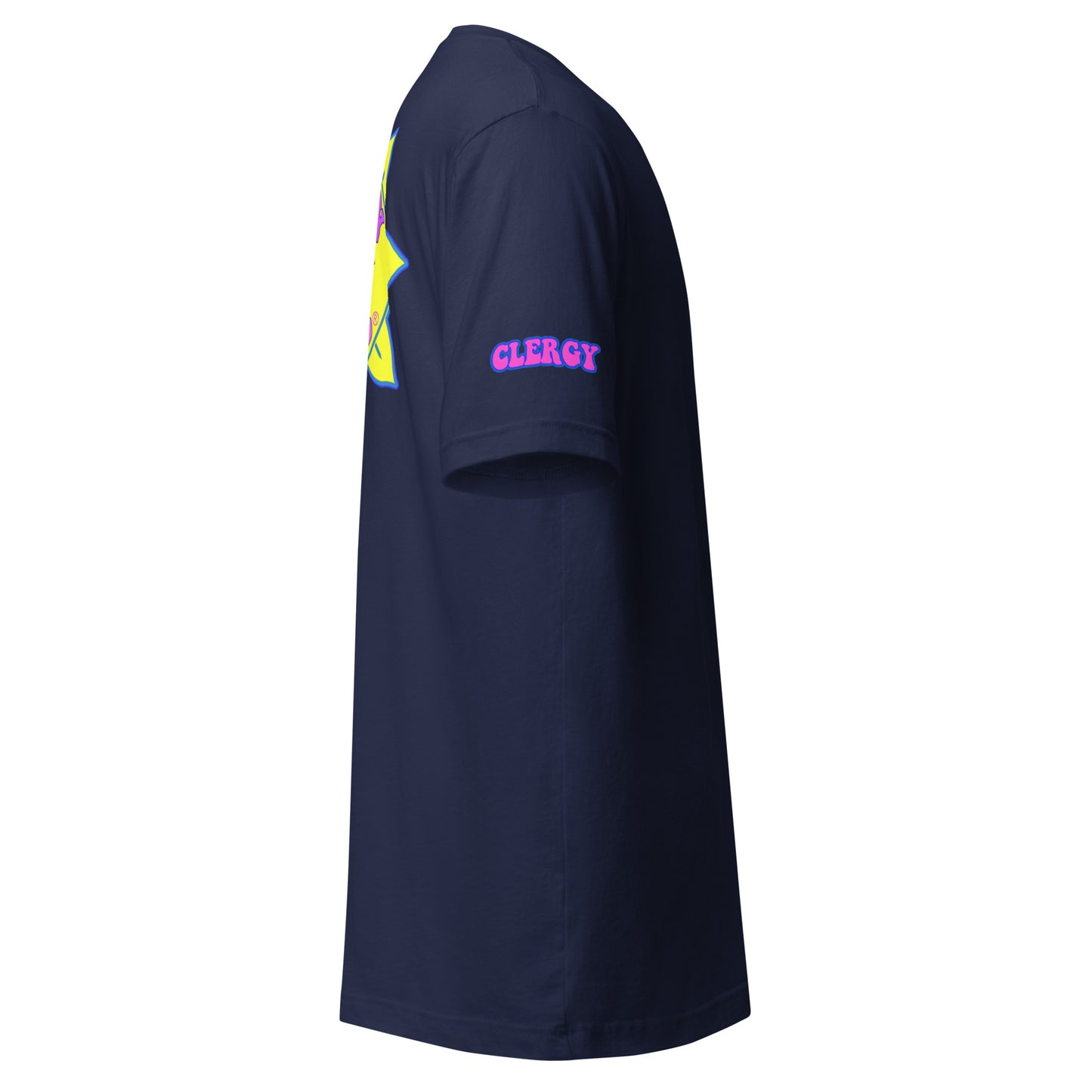 Temple of the Groovy Eye unisex t-shirt — Navy, right side with clergy sleeve detail