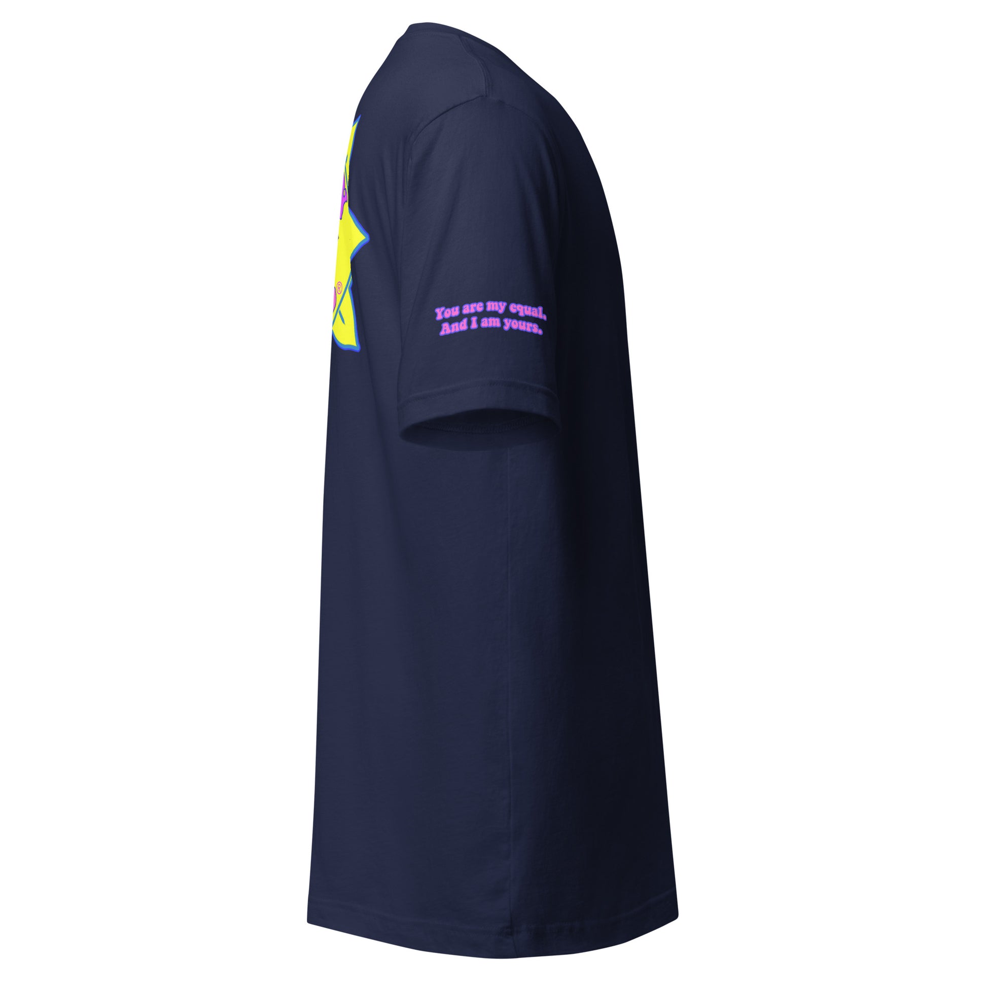 Temple of the Groovy Eye unisex t-shirt — Navy, right side with Declaration of Truth sleeve detail