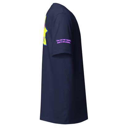 Temple of the Groovy Eye unisex t-shirt — Navy, right side with Declaration of Truth sleeve detail
