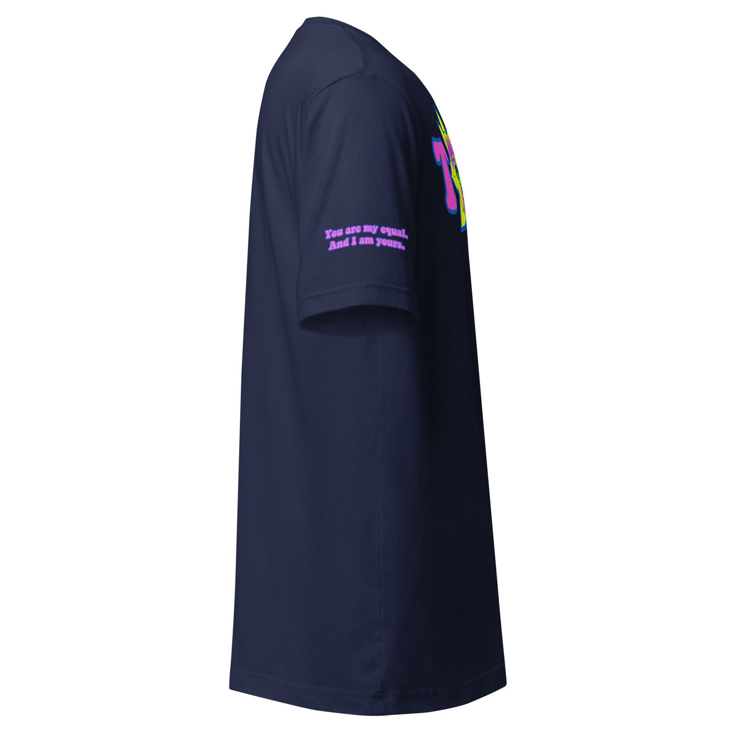 Big TOGE unisex t-shirt — Navy, right side with Declaration of Truth sleeve detail