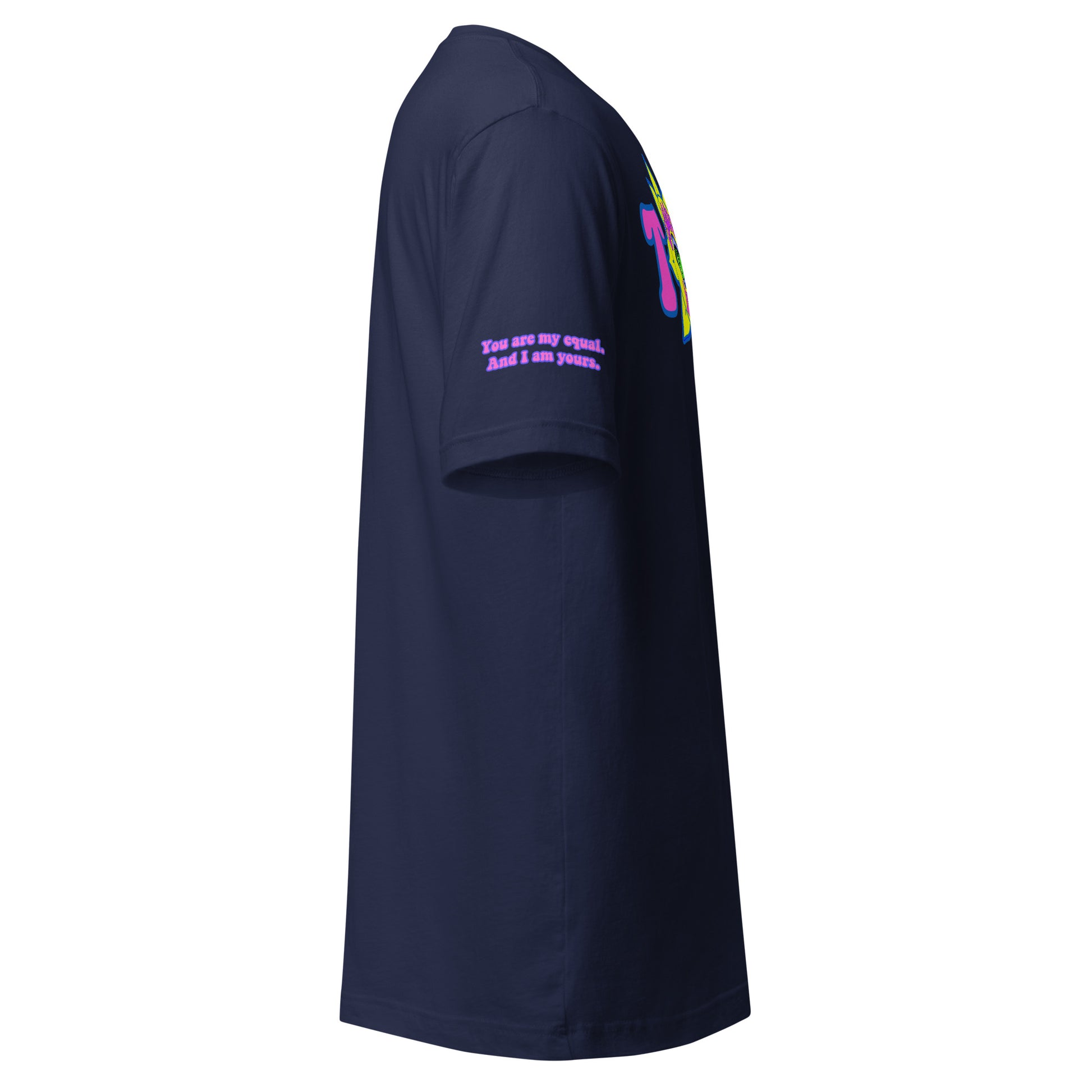 Big TOGE unisex t-shirt — Navy, right side with Declaration of Truth sleeve detail